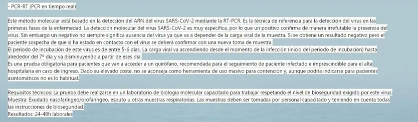 Captura de pantalla de la web de la Clínica Mencía donde explica los plazos de las pruebas PCR