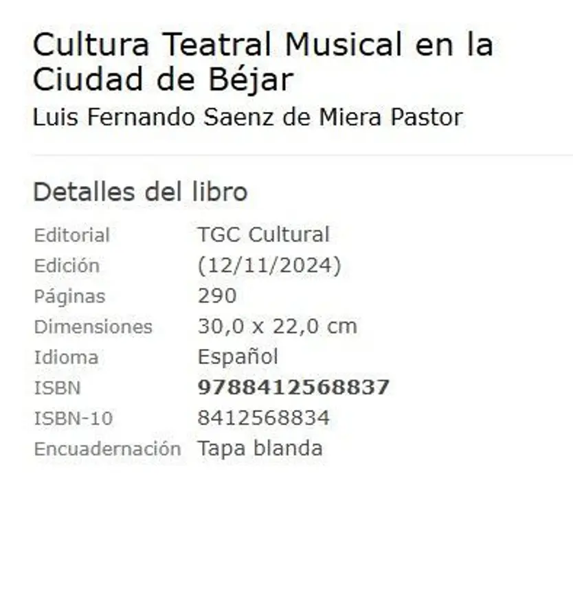 Libro Cultura teatral musical en la Ciudad de Béjar. Ficha