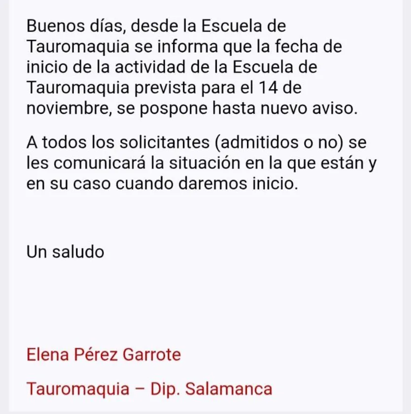 Correo enviado por la Escuela de Tauromaquia a los alumnos inscritos