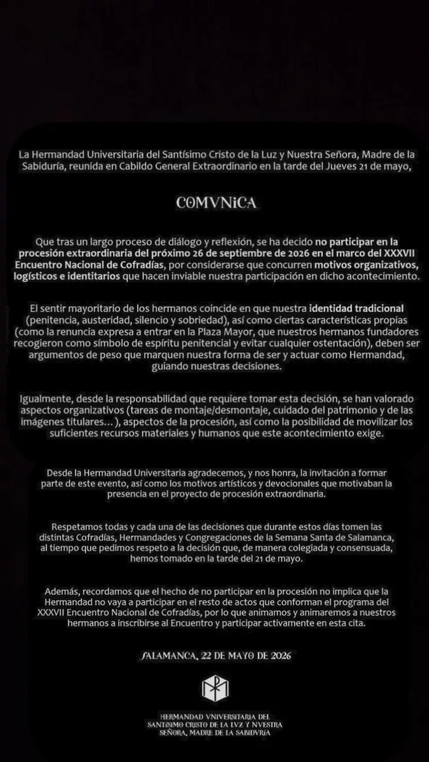 Comunicado de la Hermandad Universitaria de Salamanca