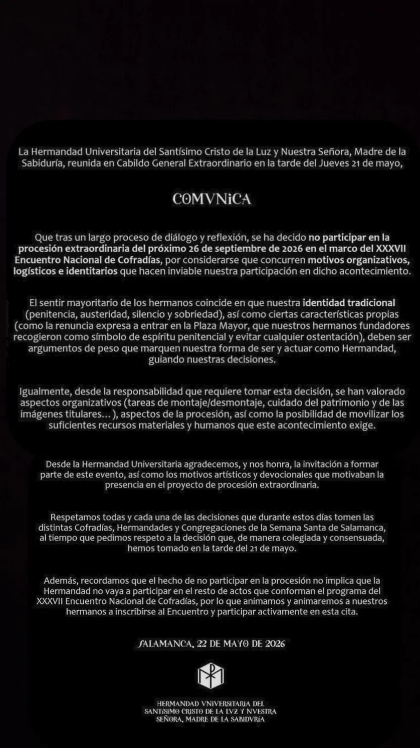 Comunicado de la Hermandad Universitaria de Salamanca