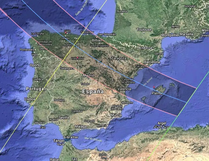 Recorrido del eclipse solar total en España del 12 de agosto de 2026. Fuente Wikicommons 