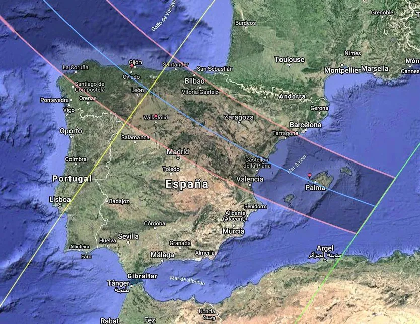 Recorrido del eclipse solar total en España del 12 de agosto de 2026. Fuente Wikicommons