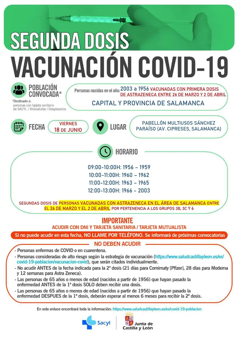 Cartel de las segundas dosis para los vacunados con AstraZeneca entre el 26 de marzo y el 2 de abril