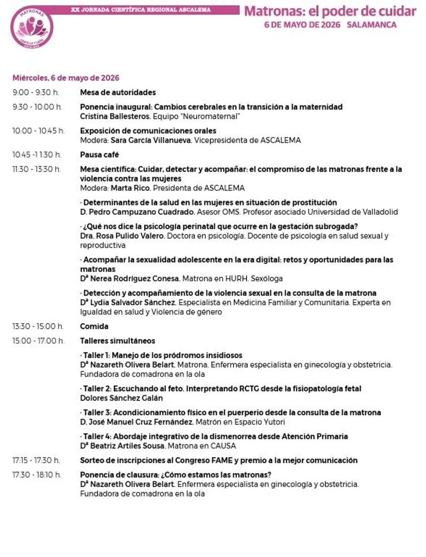 Programas de las XX Jornadas de Matronas, al poder de cuidar en Salamanca