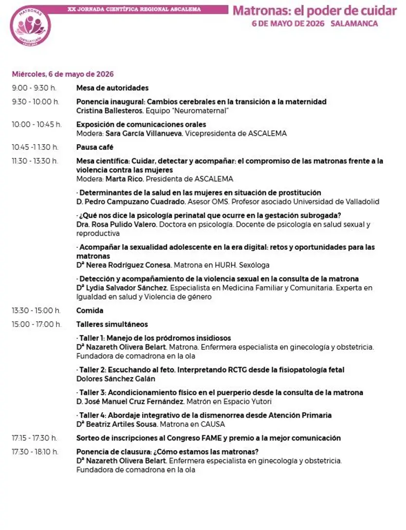 Programas de las XX Jornadas de Matronas, al poder de cuidar en Salamanca