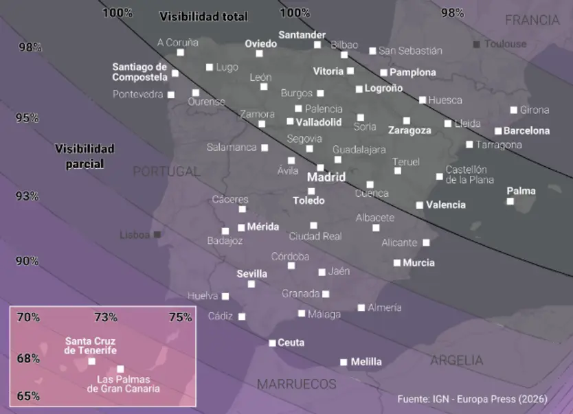 Visibilidad Del Eclipse En España. Europa Press.