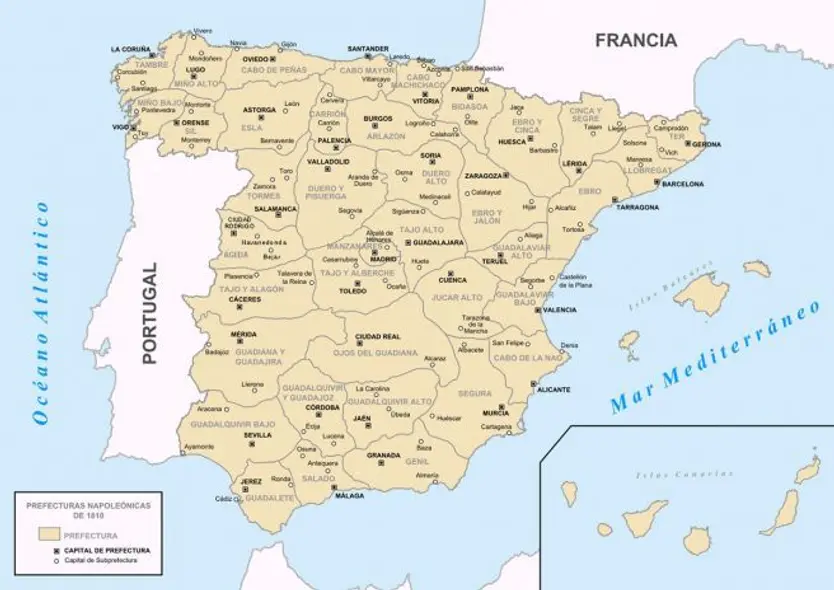 Mapa distribución prefecturas previsto por Napoleón. Wikipedia