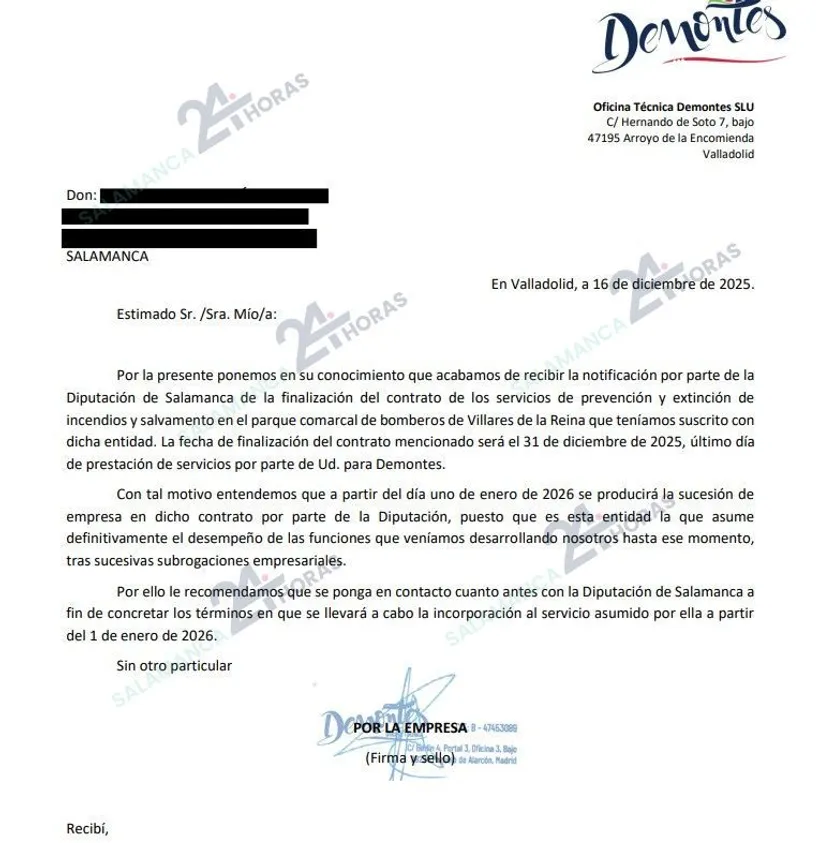 Notificación Bomberos Villares fin de contrato