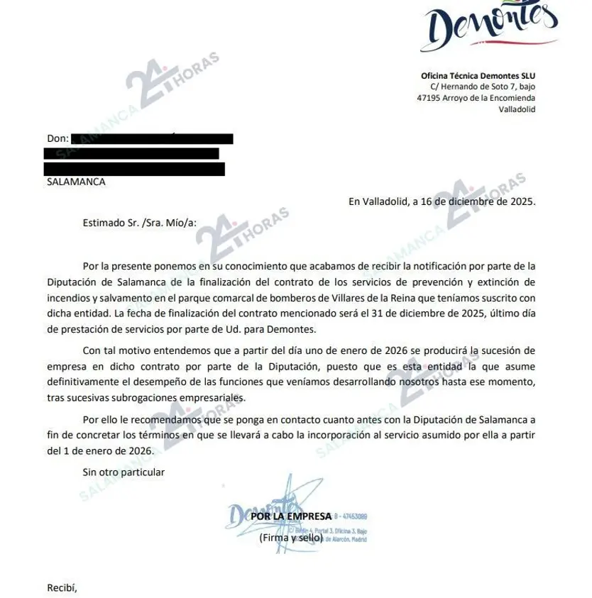 Notificación Bomberos Villares fin de contrato