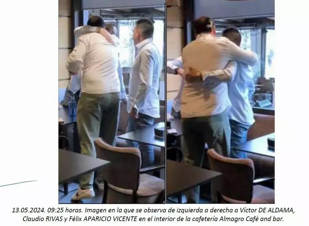 Imagen del informe de la UCO sobre el caso hidrocarburos recogida por el medio El Peri&oacute;dico de Espa&ntilde;a y donde se ve a V&iacute;ctor de Aldama, F&eacute;lix Aparicio y Claudio Rivas en una cafeter&iacute;a