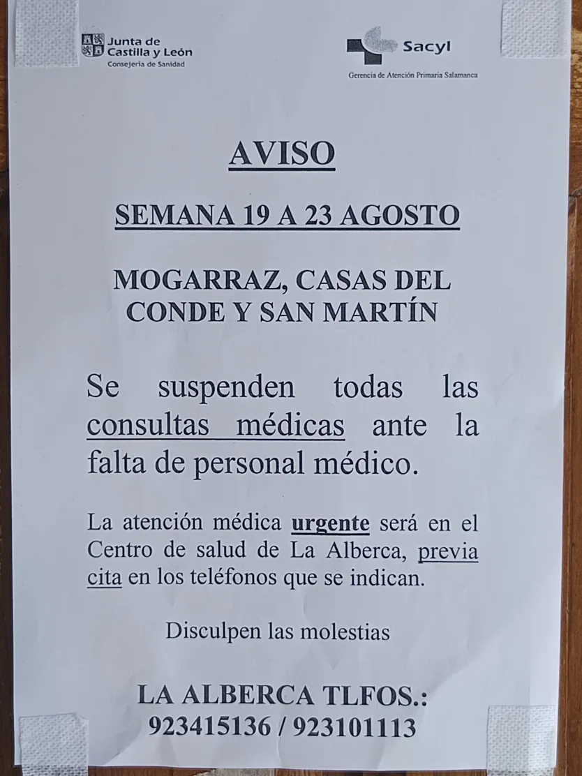 Aviso Sierra de Francia sin médicos en agosto