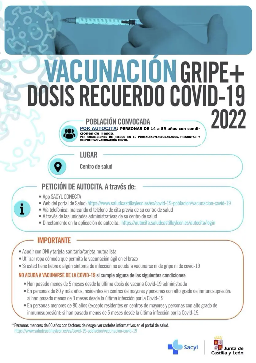 SALAMANCA Y PROVINCIA POBLACIÓN RIESGO 14 59 AÑOS AUTOCITA COVID GRIPE OCTUBRE 2022.