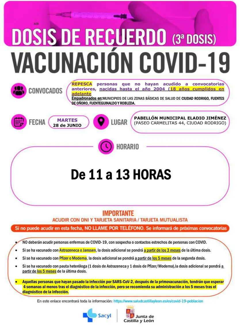 Ciudad Rodrigo tercera dosis adultos