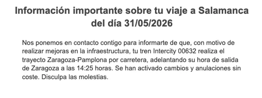 Mensaje Sobre El Cambio De Vehículo De Un Tren a Un Autobús
