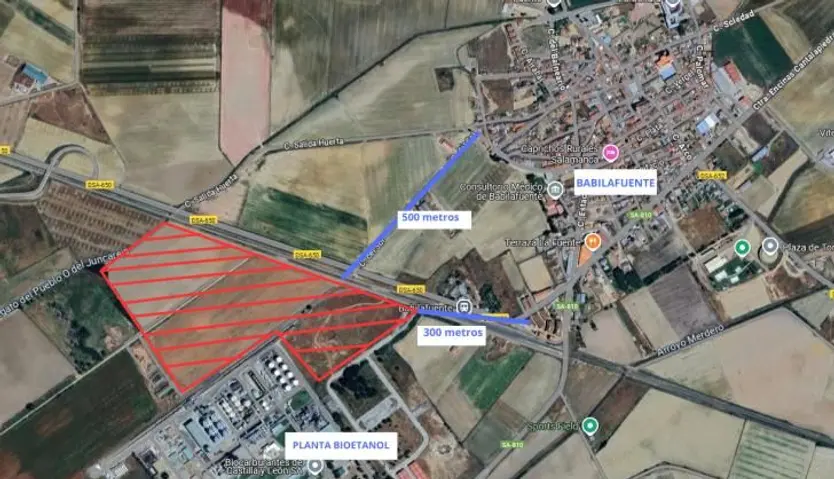 Ubicación de los terrenos afectados por la planta de biometanol y cercanía con Babilafuente