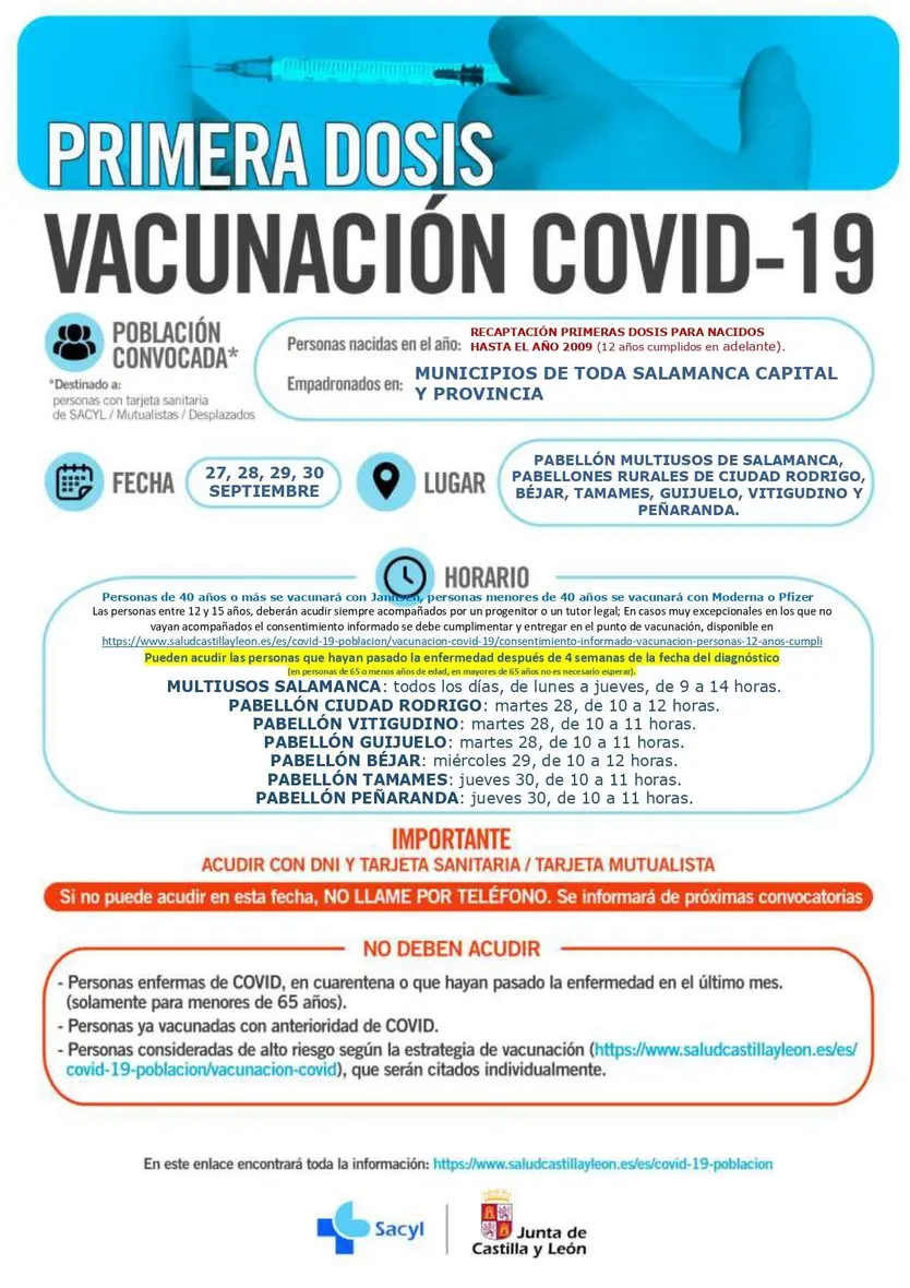 Repesca primeras dosis 27, 28, 29 y 30 de septiembre en Salamanca ciudad y provincia.