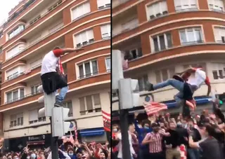 VÍDEO | El joven que se lanzó desde un semáforo en Bilbao antes de la final de Copa del Rey, ingresado con una perforación de pulmón
