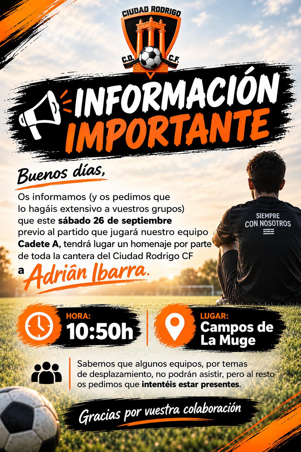 Cartel Informativo Del Homenaje a Adri&aacute;n Ibarra, Menos Fallecido En Ciudad Rodrigo Durante La Celebraci&oacute;n Del Mundial | @CRCF_oficial