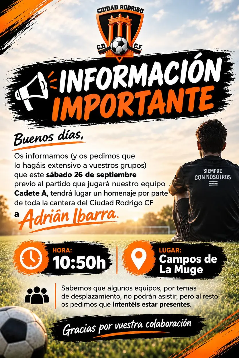 Cartel Informativo Del Homenaje a Adrián Ibarra, Menos Fallecido En Ciudad Rodrigo Durante La Celebración Del Mundial | @CRCF_oficial