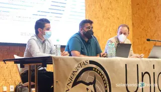 Ángel Vicente, Miguel Ángel Sandoval y David Renedo durante una asamblea de Unionistas | FOTO SALAMANCA24HORAS.COM