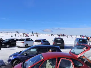 Gente disfrutando con trineos en La Covatilla