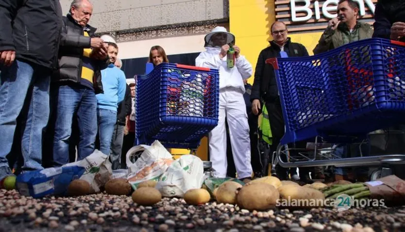 Agricultores y ganaderos protestan en las inmediaciones del Carrefour y la Plaza de Toros