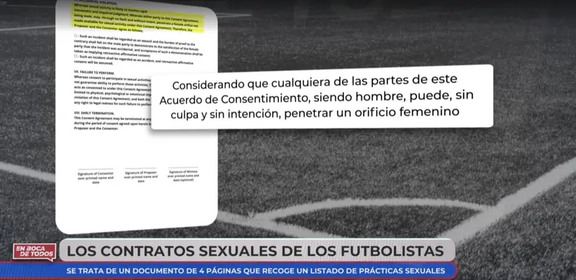 El polémico apartado en el contrato por escrito de consentimiento sexual de los futbolistas. Foto: En boca de todos - CUATRO