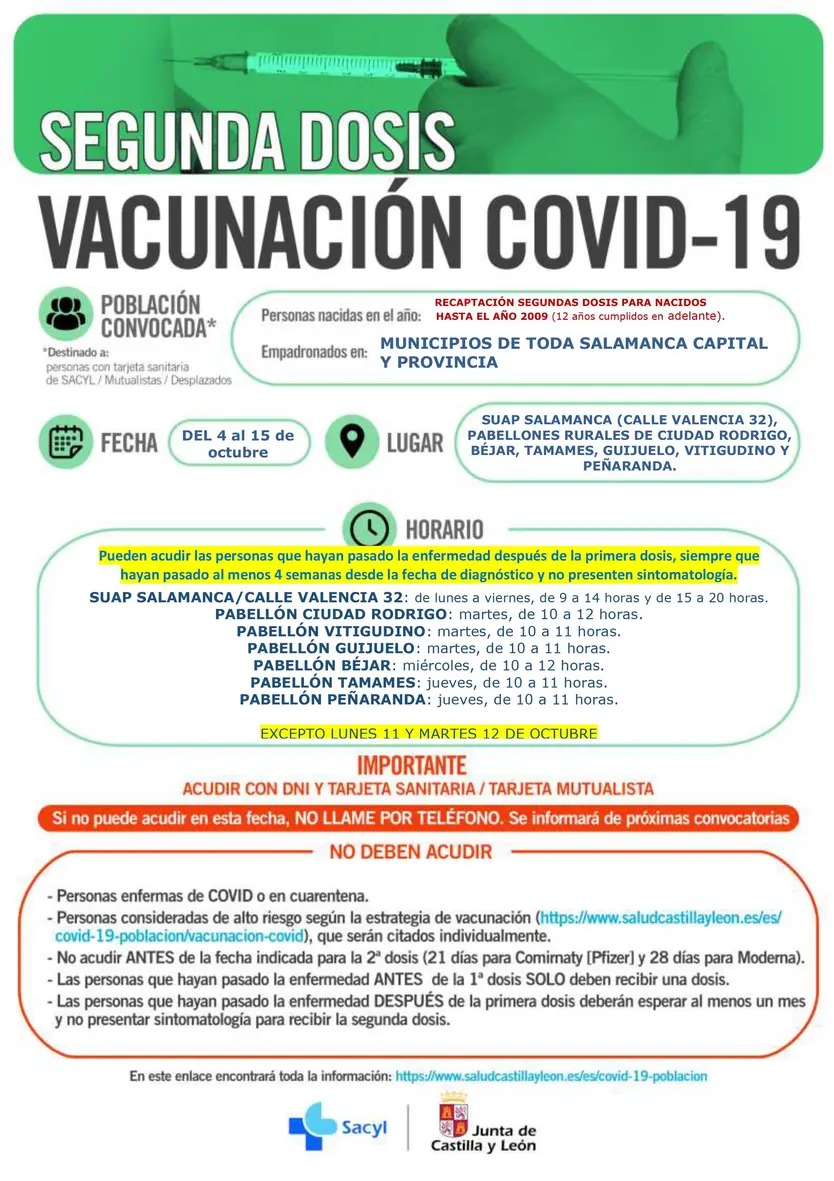 TODA SALAMANCA CAPITAL Y PROVINCIA RECAPTACIOìN SEGUNDAS DOSIS 4 15 OCTUBRE 2021
