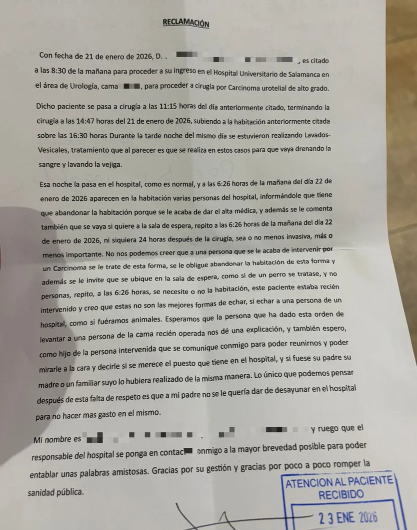 Reclamación presentada en el Hospital de Salamanca