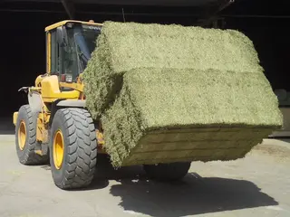 Un tractor cargado de paquetes de alfalfa | Imagen de la Asociación Española de Fabricantes de Alfalfa Deshidratada (AEFA)