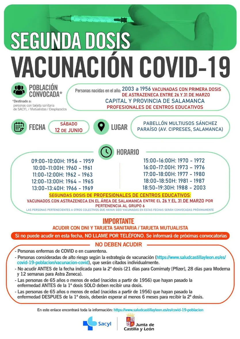 SALAMANCA CAPITAL Y PROVINCIAPROVISIONAL 12 JUNIO 2021 DOCENTES SEGUNDAS DOSIS VACUNADOS ASTRAZENECA ENTRE 26 Y 31 MARZO