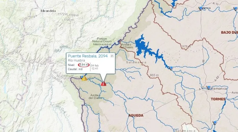 Mapa de la situación de los ríos en Salamanca a fecha de 4 de febrero de 2026 con aviso rojo en el río Huebra