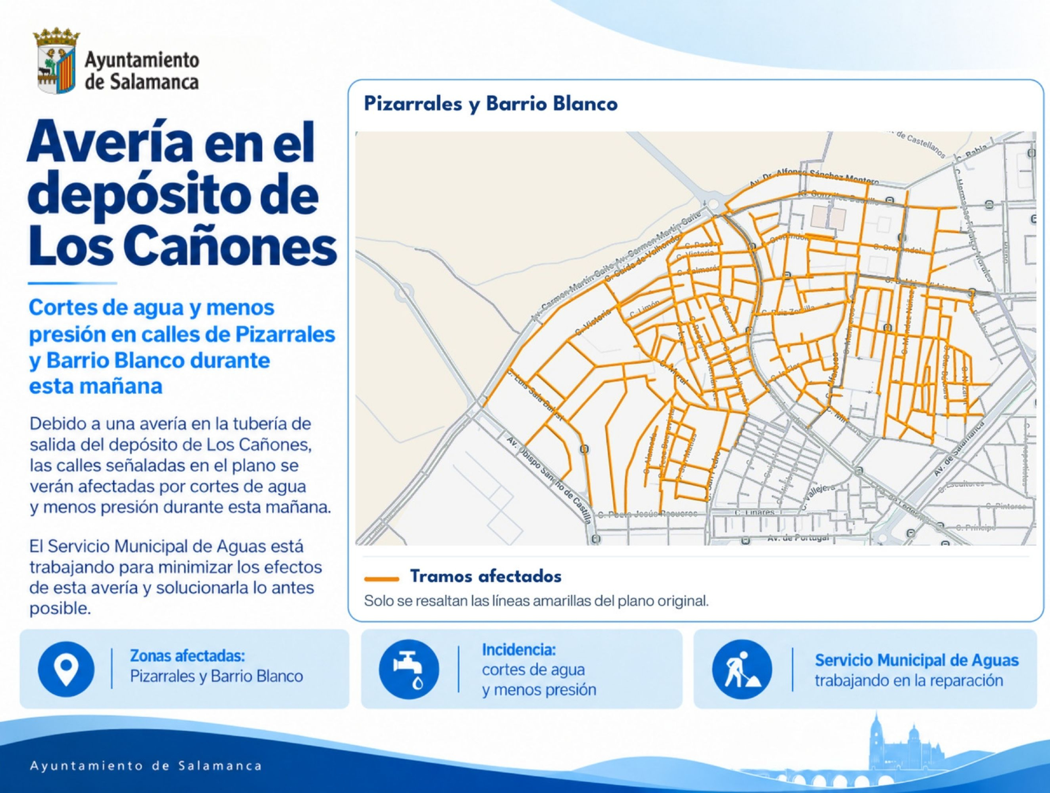 Calles afectadas por una avería en Barrio Blanco y Pizarrales