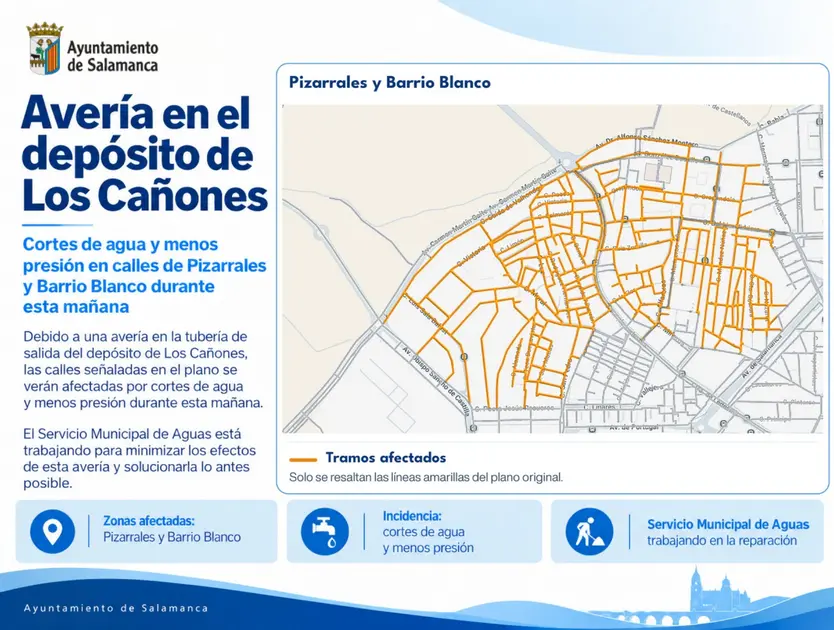 Calles afectadas por una avería en Barrio Blanco y Pizarrales