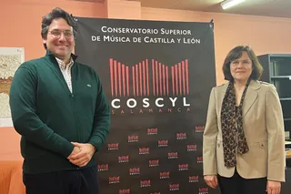 Bartolomé Pérez y Sandra Myers durante la presentación del concierto homenaje a Deportistas Olímpicos de Castilla y León