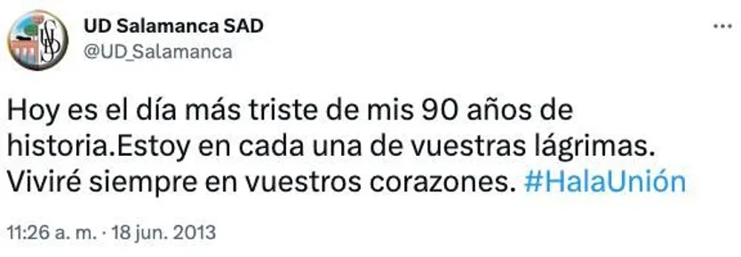 Tuit de despedida de la Unión Deportiva Salamanca.