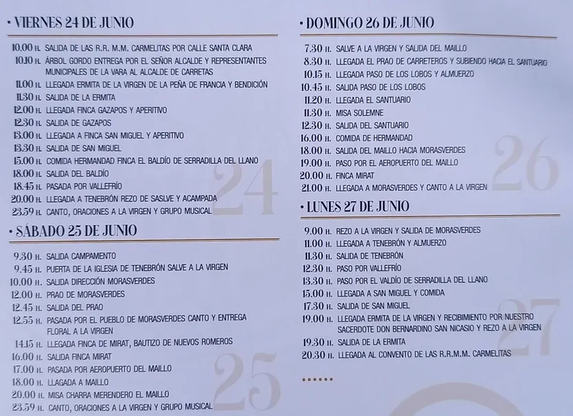 Horarios Romería Virgen de la Peña de Francia 2022