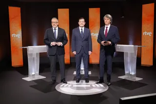 (I a D) Los candidatos a la Presidencia de la Junta Carlos Pollán (Vox); Alfonso Fernández Mañueco (PP) y Carlos Martínez (PSOE) en el primer debate de las elecciones autonómicas. | Miriam Chacón