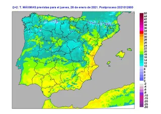 Temperaturas máximas para el jueves 28 de enero. Foto: AEMET