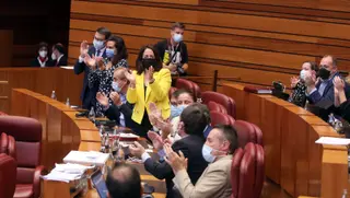 La bancada socialista aplaude tras sacar adelante en una de las votaciones del pleno de las Cortes. Foto ICAL.