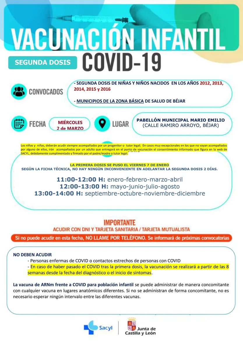 Segundas dosis niños de 2012 a 2016 en Béjar