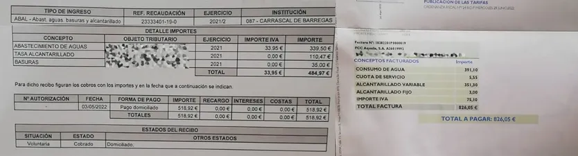 Comparativa de dos facturas en la misma vivienda, una con el consumo de 6 meses y otra de dos