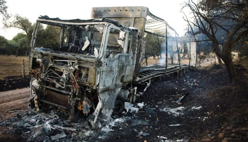Arde un camión cargado de tapones de corcho junto a la SA-220 a la altura de Pedro Toro, en la comarca de Ciudad Rodrigo. ICAL