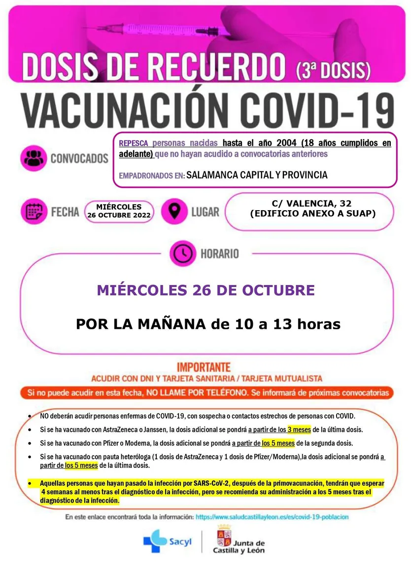 Repesca terceras dosis Salamanca capital y provincia el 26 de octubre en el SUAP de la calle Valencia 