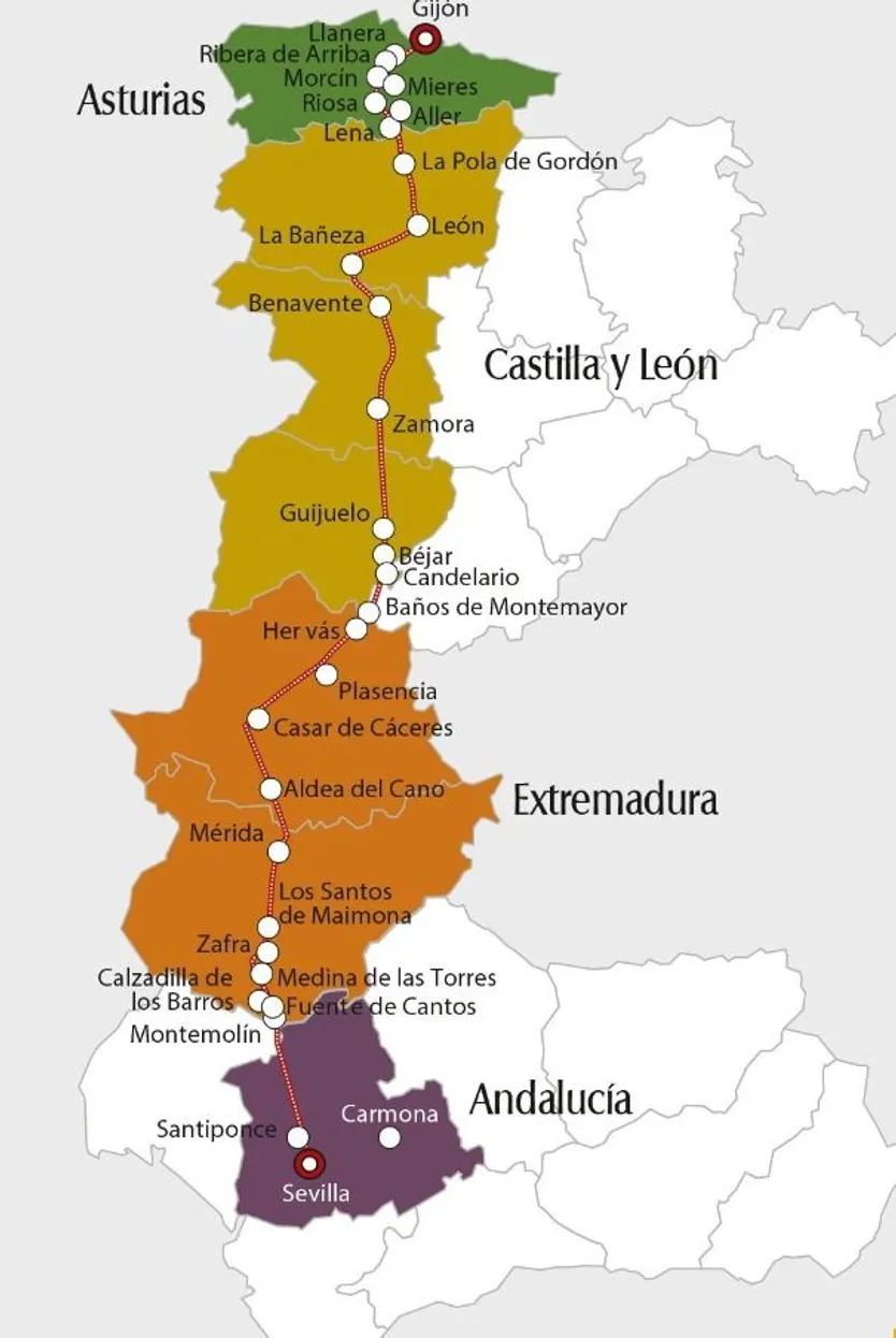 Posible itinerario que seguiría el tren de la Ruta de la Plata