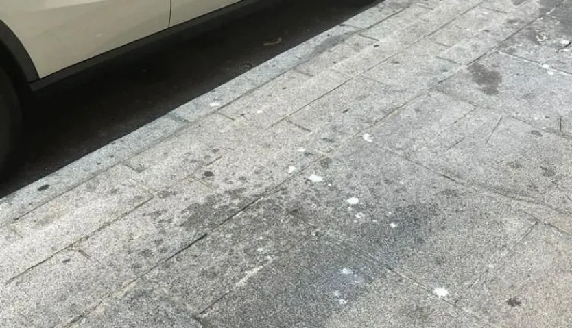 Acera sucia por los escupitajos y los restos arrojados por un vecino de Santos Jiménez a la vía pública