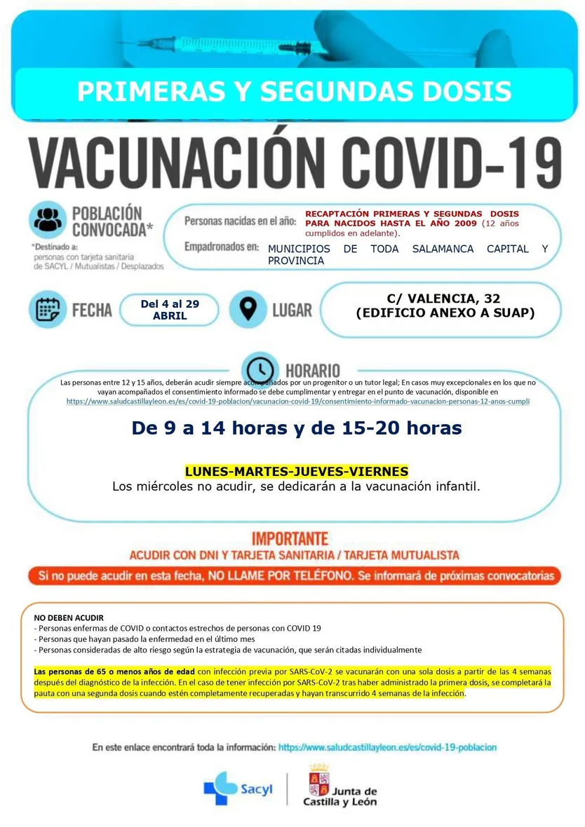 Repescas primeras y segundas dosis mayores 12 años Salamanca capital y provincia