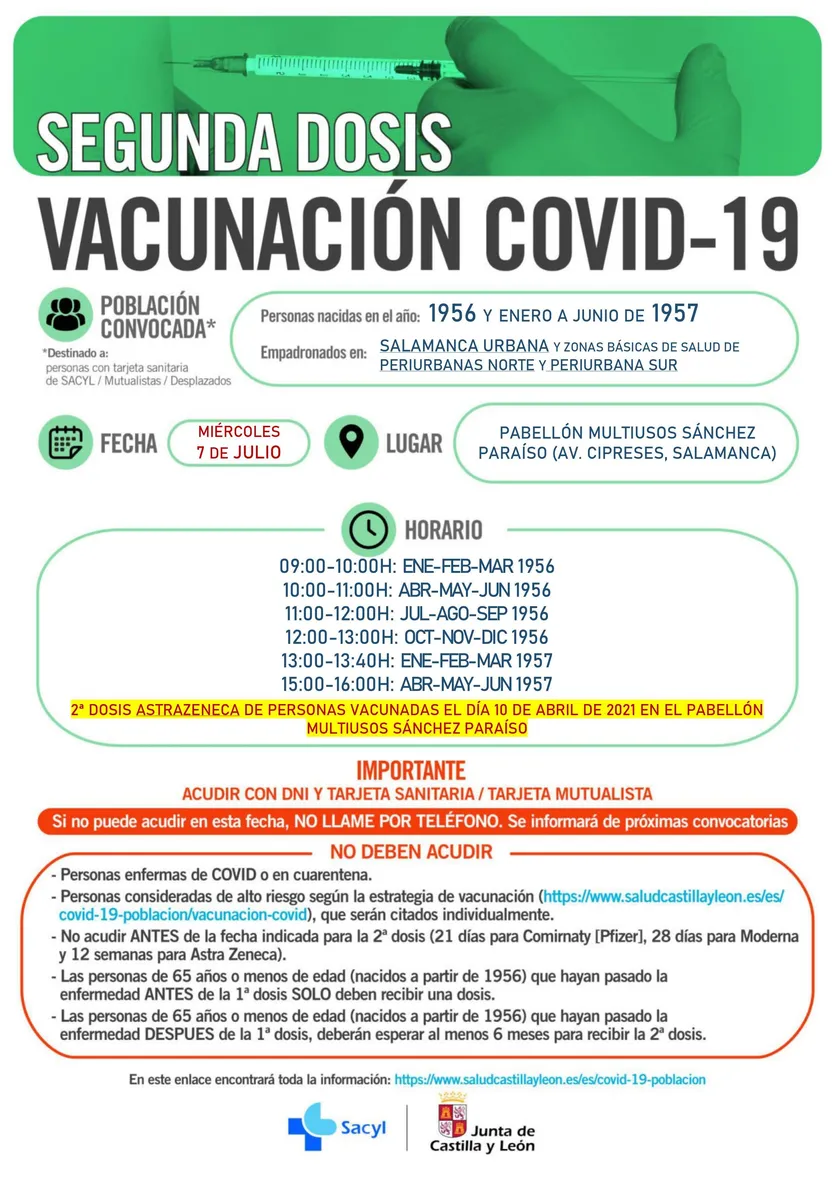 Vacunación segunda dosis AstraZeneca en Salamanca