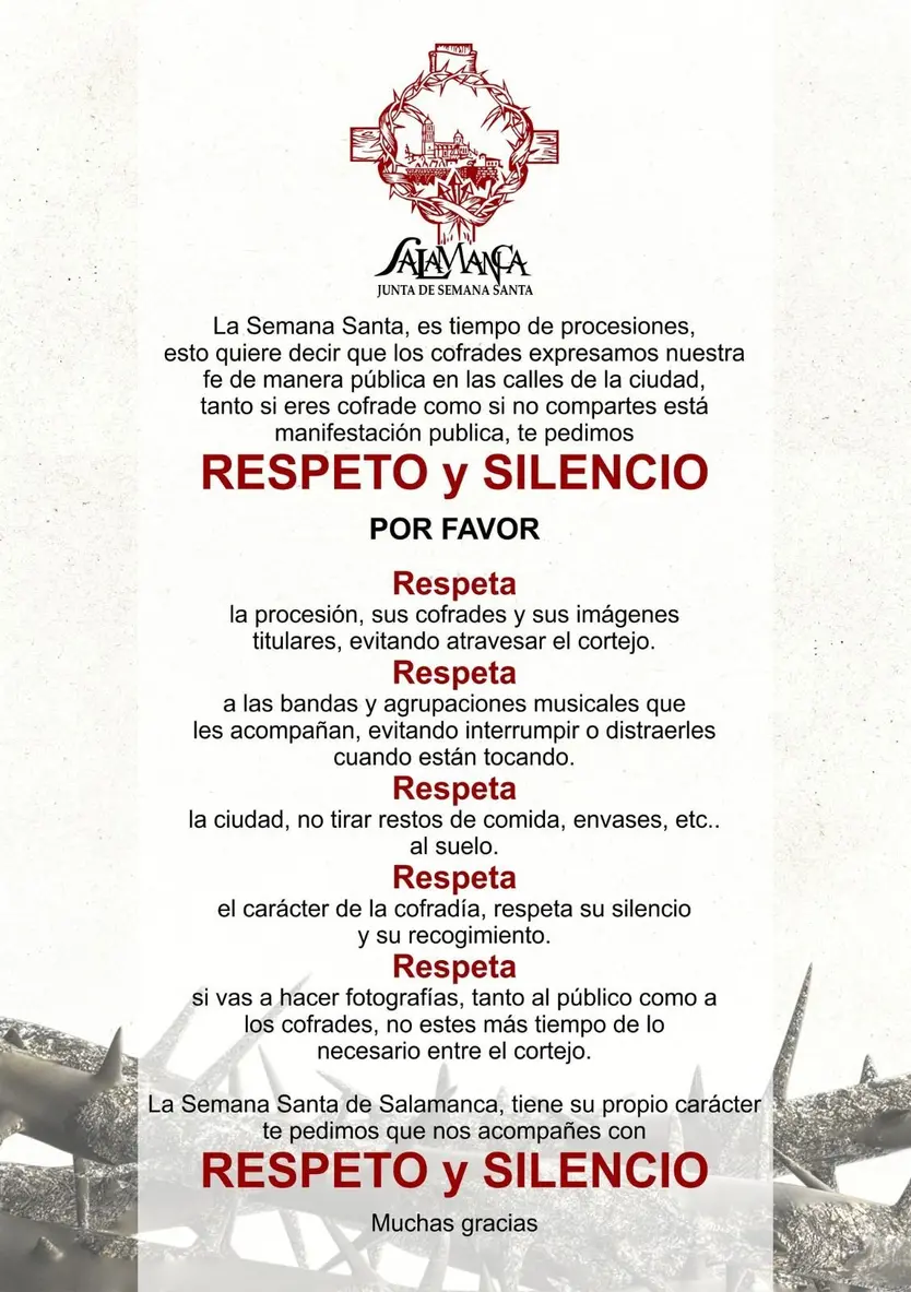 La Junta de Semana Santa de Salamanca pide respeto y silencio durante las procesiones